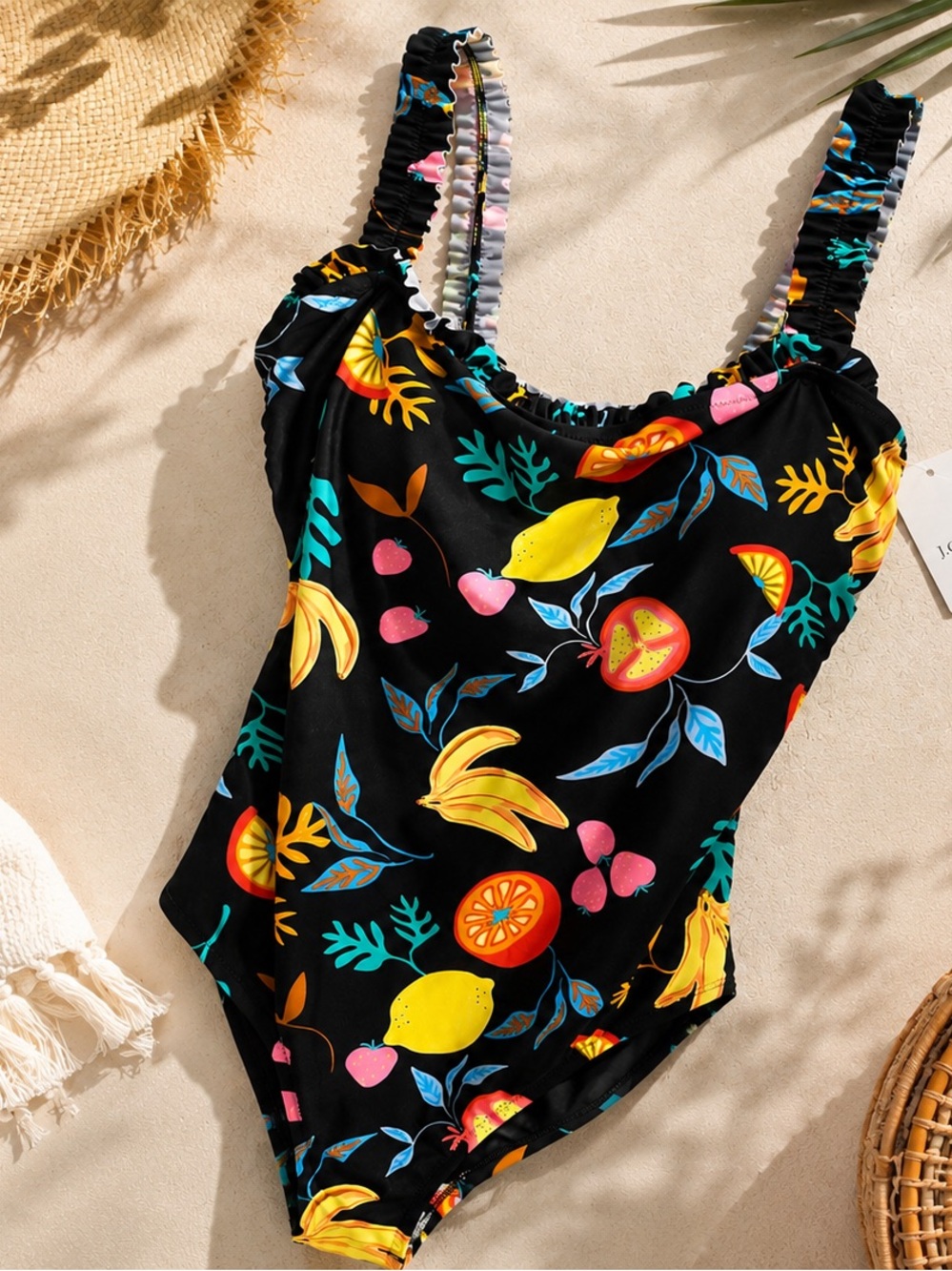 J. Crew Black One-Piece Swimsuit with Colorful Fruit Print
